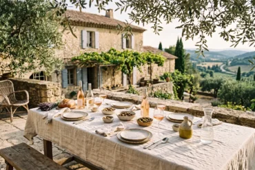 An elegant sun-drenched stone terrace in Provence featuring a dining table set with linen, ceramic plates, and rosé wine under soft olive tree shadows.