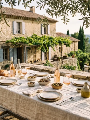 An elegant sun-drenched stone terrace in Provence featuring a dining table set with linen, ceramic plates, and rosé wine under soft olive tree shadows.