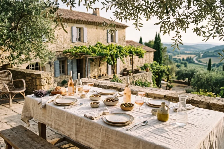 An elegant sun-drenched stone terrace in Provence featuring a dining table set with linen, ceramic plates, and rosé wine under soft olive tree shadows.