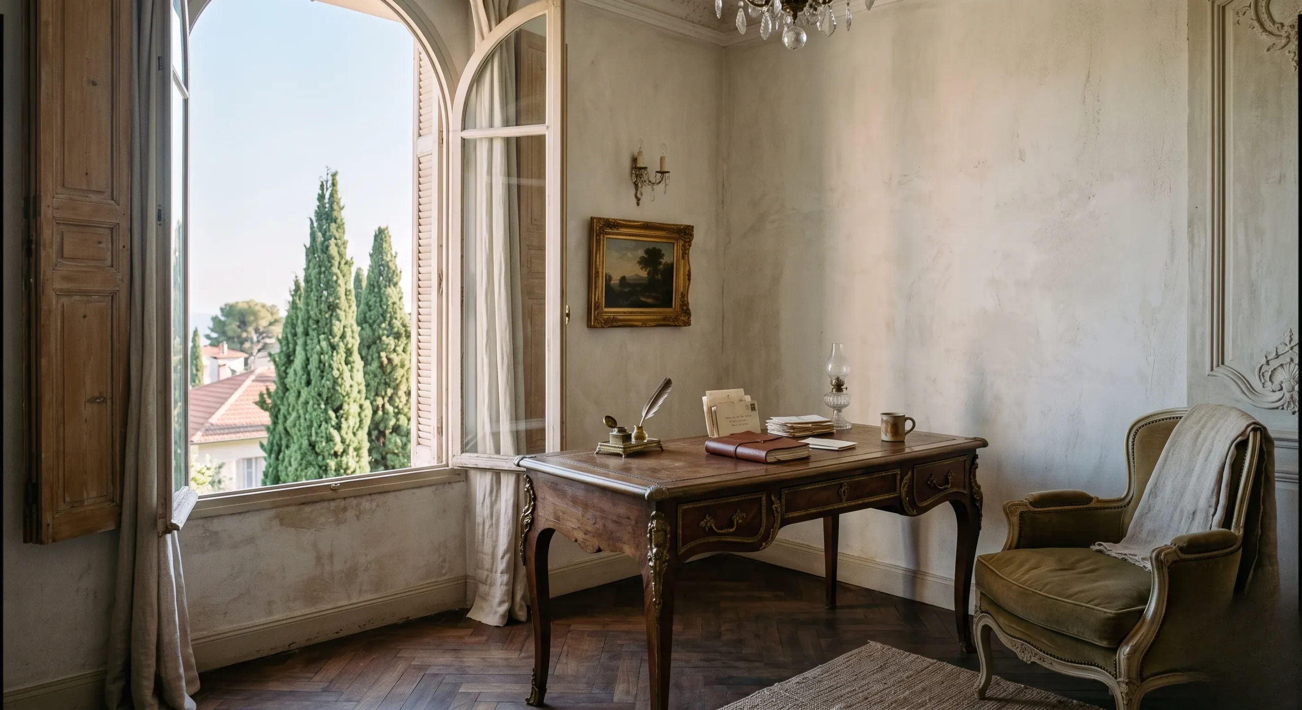 A peaceful historic hotel room with a dark wood writing desk and open window looking out at green trees in Cimiez, Nice