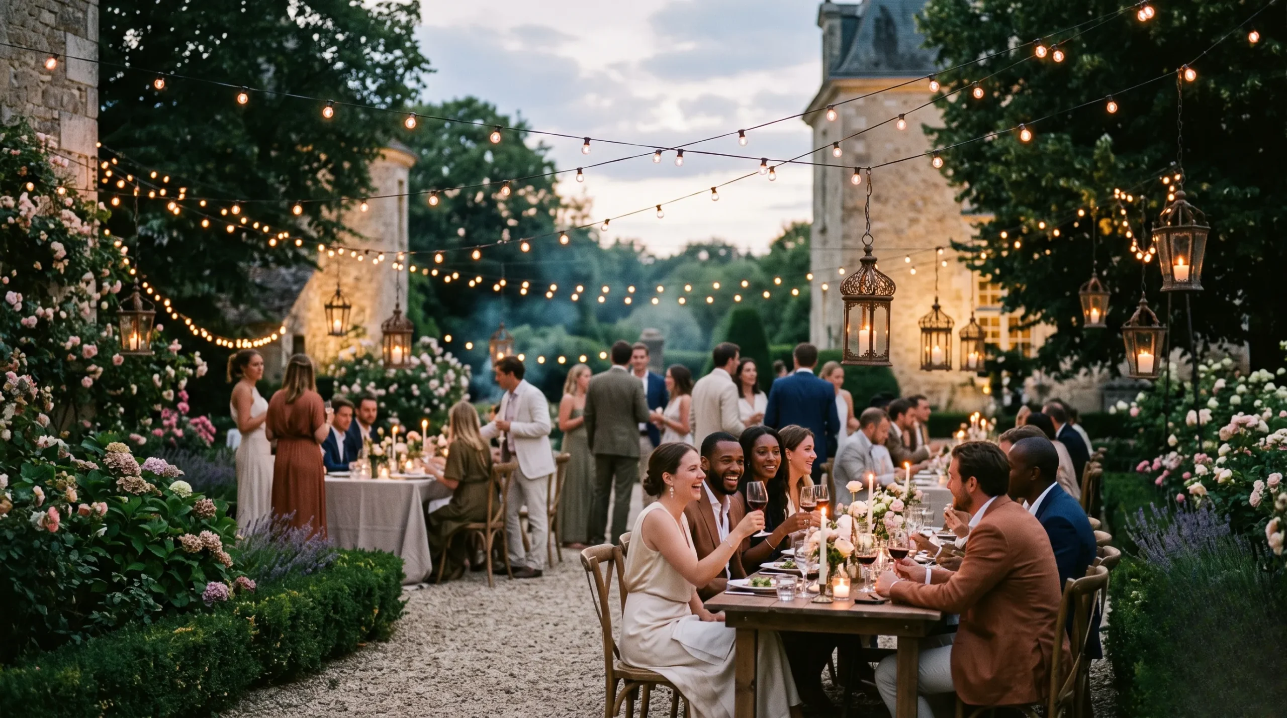 A cinematic low-angle view of a luxurious French garden party at twilight with warm string lights and antique iron lanterns illuminating guests.