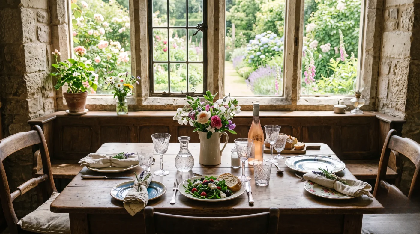A rustic dining table set with mismatched crystal and sun-bleached linen