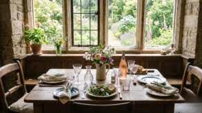 A rustic dining table set with mismatched crystal and sun-bleached linen