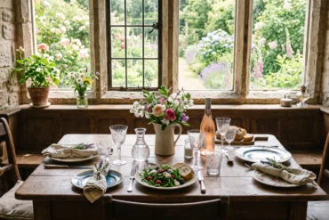 A rustic dining table set with mismatched crystal and sun-bleached linen