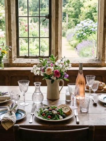A rustic dining table set with mismatched crystal and sun-bleached linen