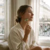 A woman's hand using a jade stone to massage the jawline in a sunlit room