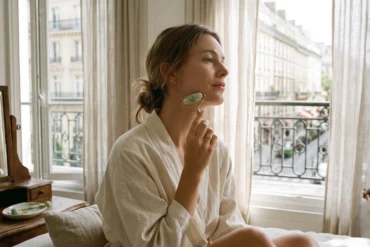 A woman's hand using a jade stone to massage the jawline in a sunlit room