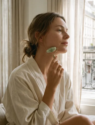 A woman's hand using a jade stone to massage the jawline in a sunlit room