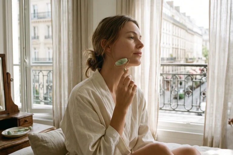 A woman's hand using a jade stone to massage the jawline in a sunlit room