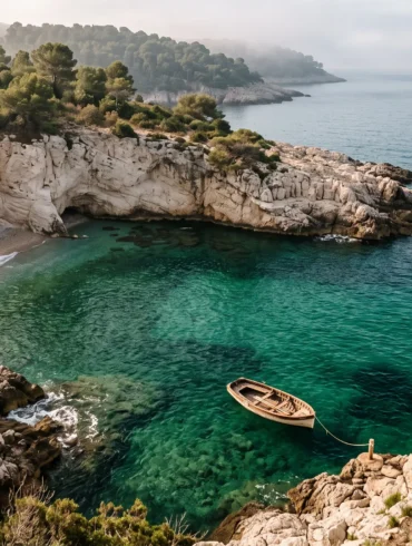 A quiet, pristine rocky cove along the Mediterranean coast in France with deep emerald water and a vintage wooden rowboat.