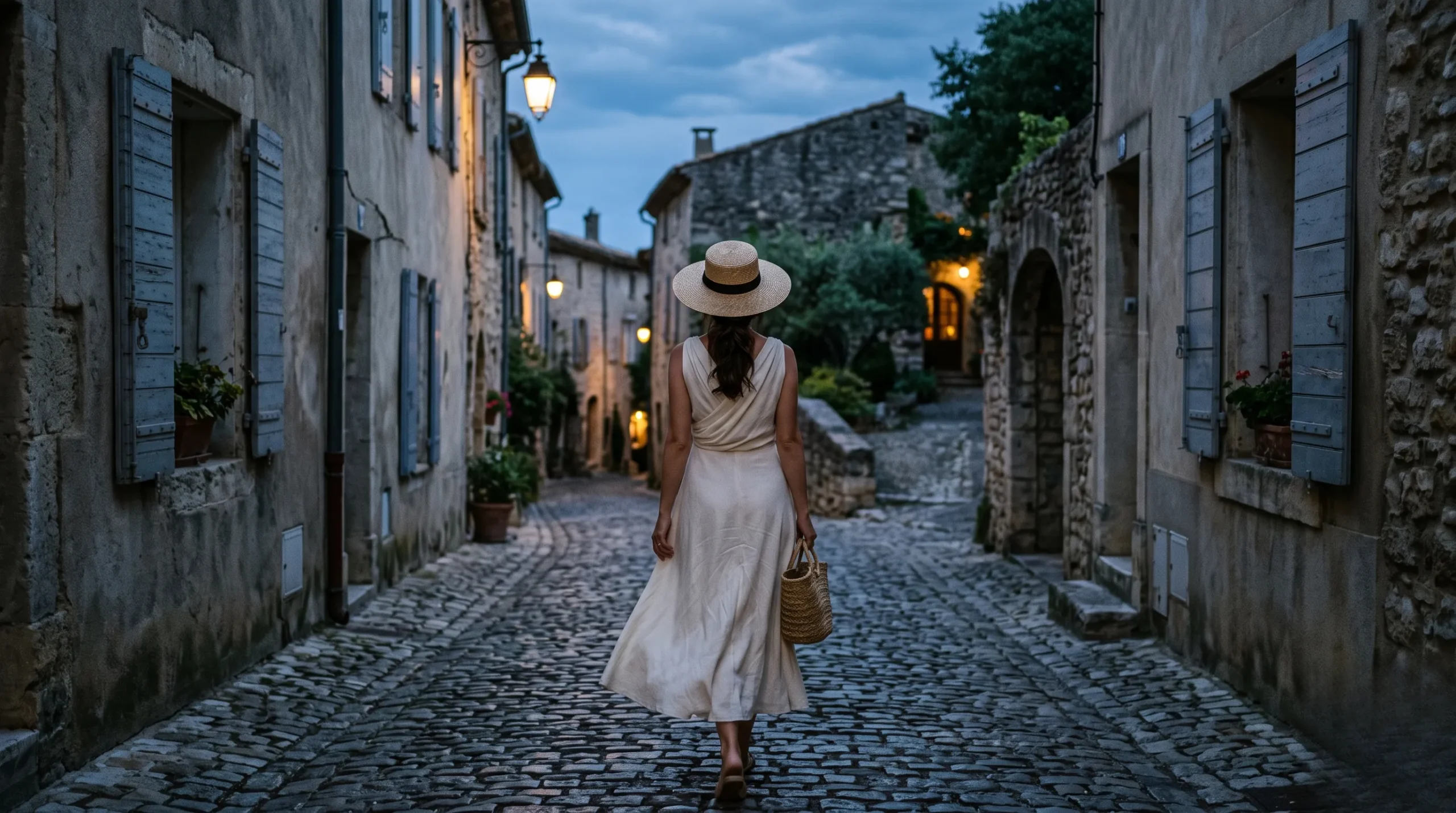 An elegant woman wearing a straw hat and white linen dress walking down a serene, empty cobblestone street in a historic French village.