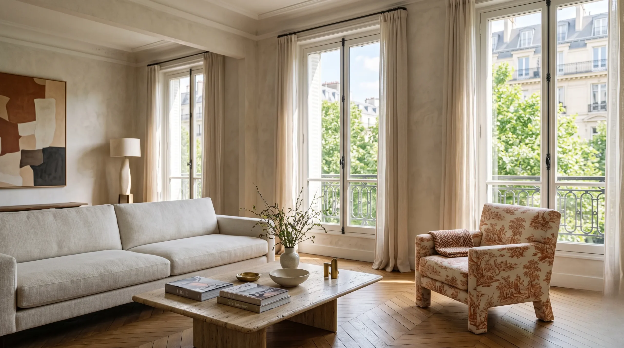 Modern Parisian salon featuring a minimal alabaster sofa and an accent chair in sienna Toile de Jouy under warm natural light