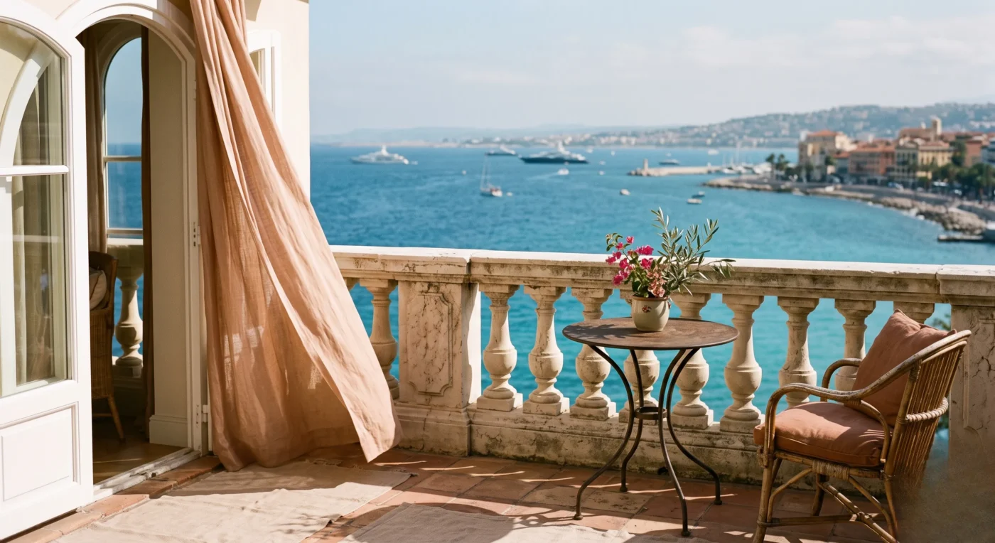 An elegant luxury hotel balcony with sienna linen curtains overlooking the blue waters of the Baie des Anges in Nice, France
