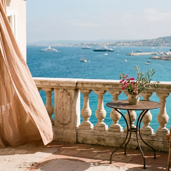 An elegant luxury hotel balcony with sienna linen curtains overlooking the blue waters of the Baie des Anges in Nice, France